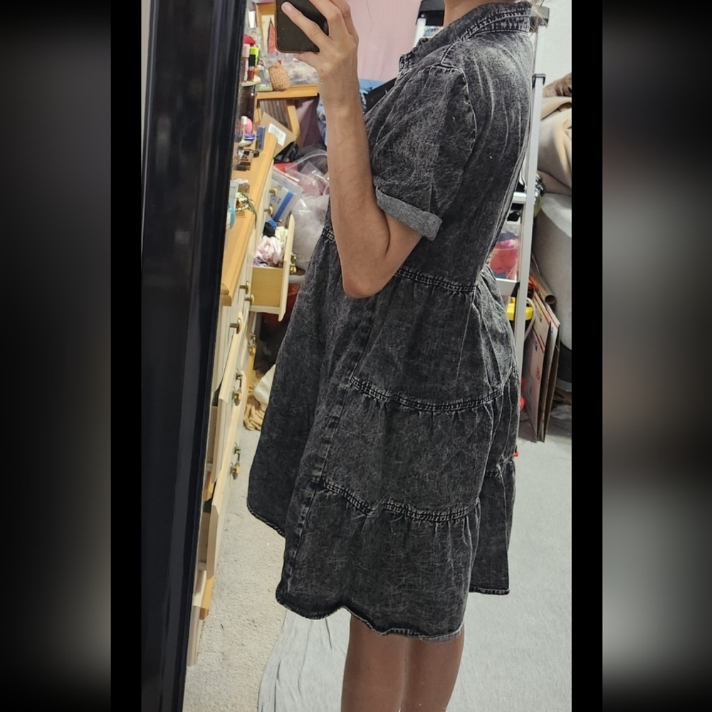 Vintage Acid Wash Black Gray Denim Button Down Collared Babydoll Mini Dress - Picture 10 of 14